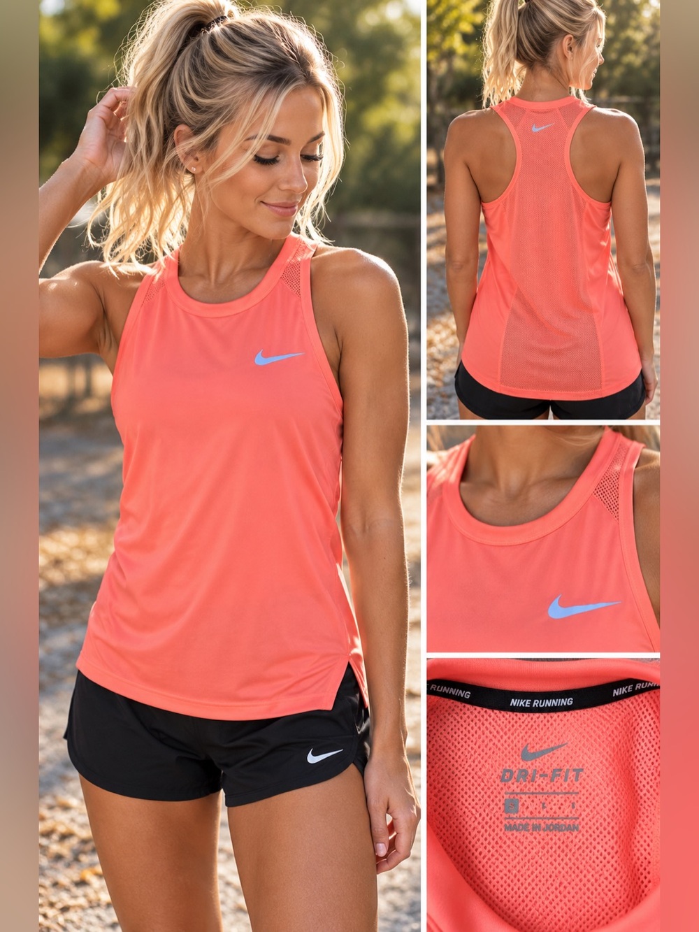 Nike Dri-FIT women’s running tank top in a bright coral/salmon color